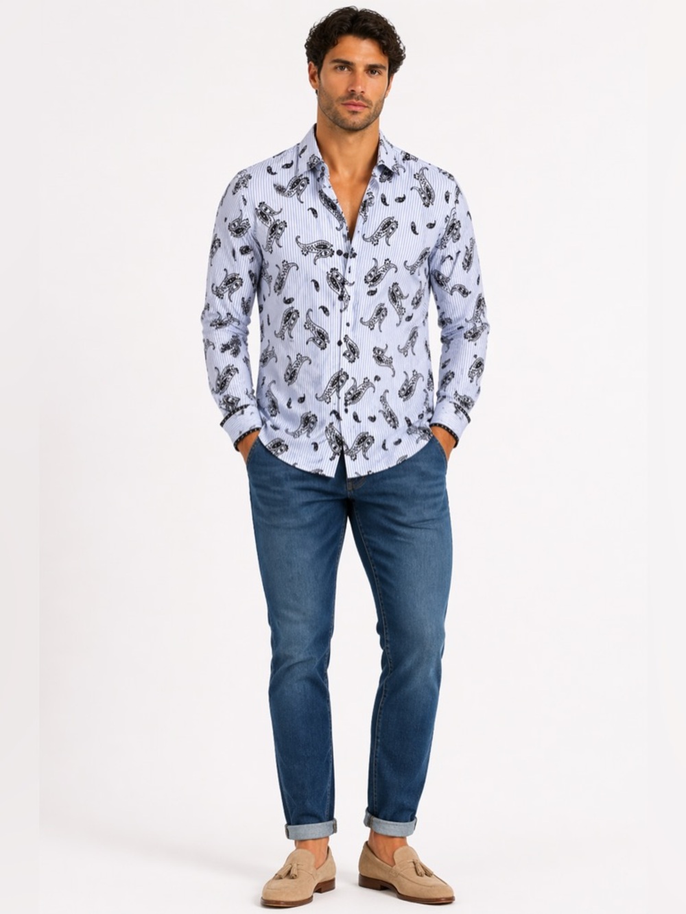 Visconti Black Paisley Print Button-Down Shirt NWOT